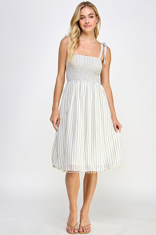 Smoked top striped midi dress w/ pompom