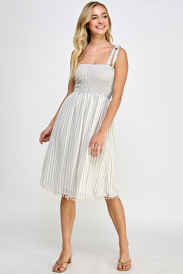 Smoked top striped midi dress w/ pompom