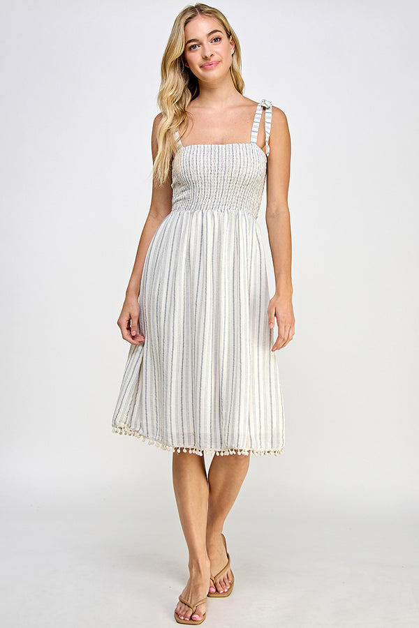 Smoked top striped midi dress w/ pompom