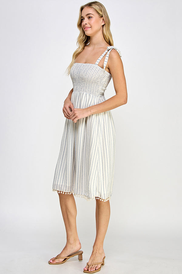 Smoked top striped midi dress w/ pompom