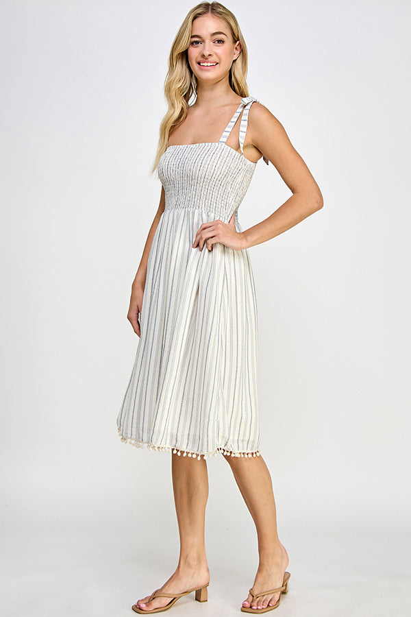 Smoked top striped midi dress w/ pompom