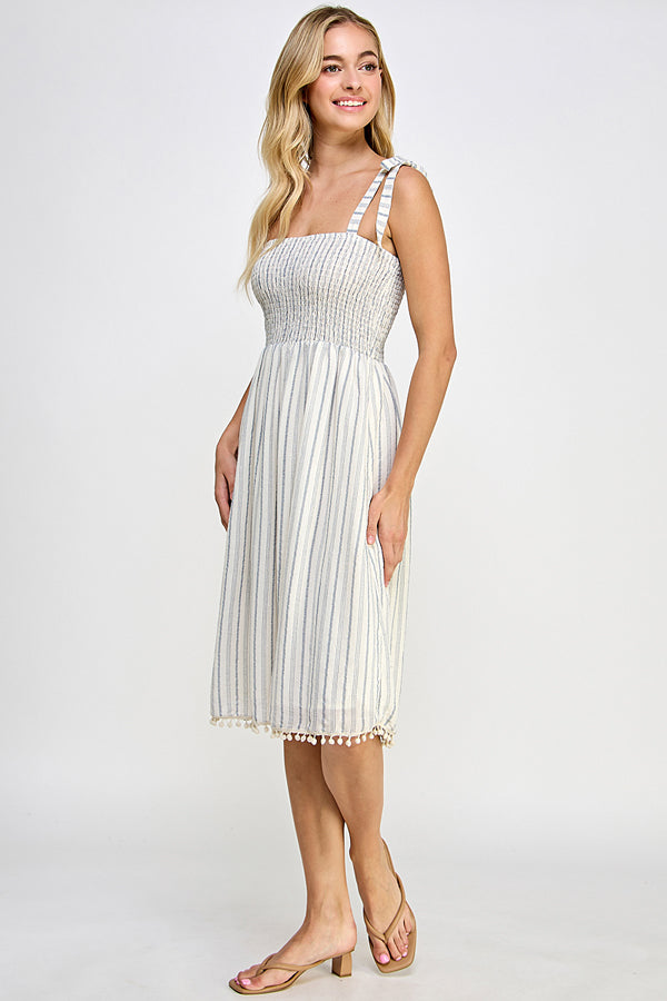 Smoked top striped midi dress w/ pompom