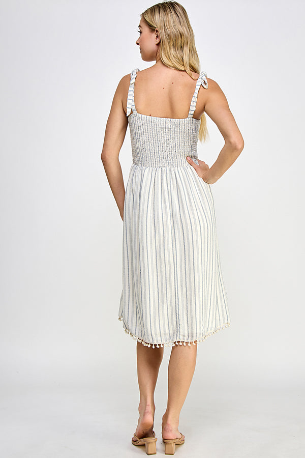 Smoked top striped midi dress w/ pompom