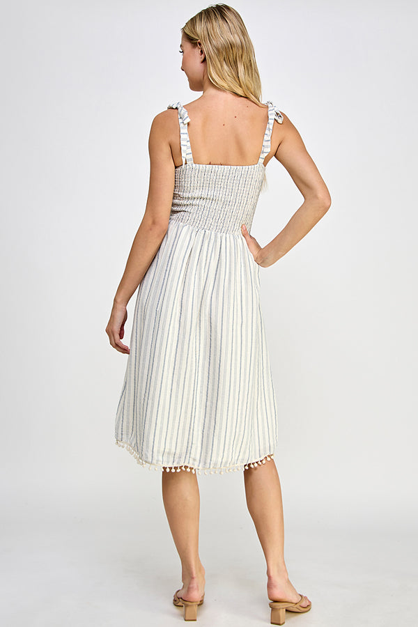 Smoked top striped midi dress w/ pompom