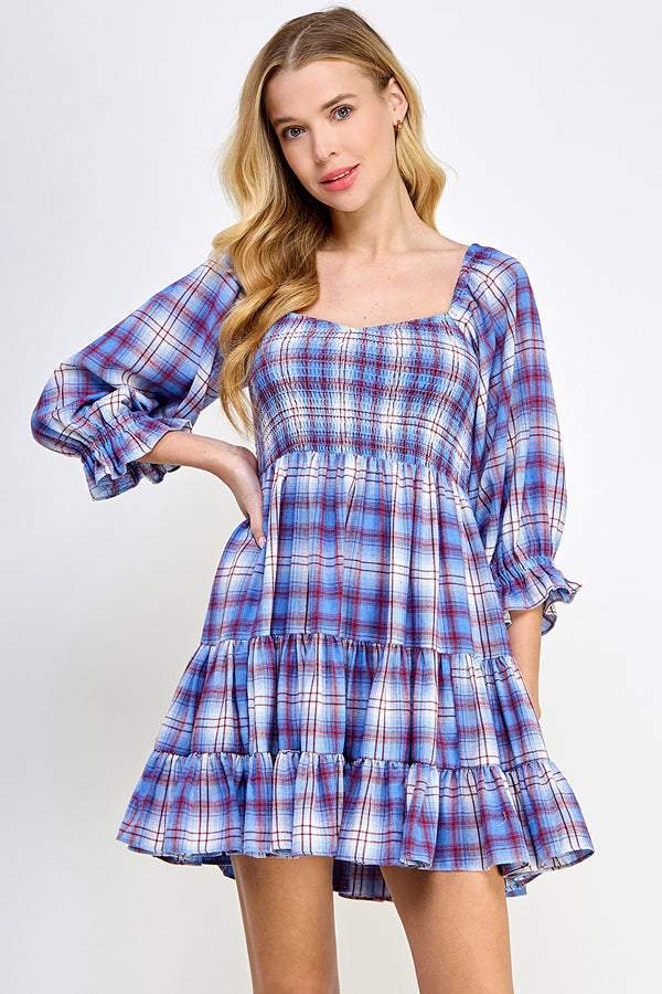 Blue Plaid tiered dress