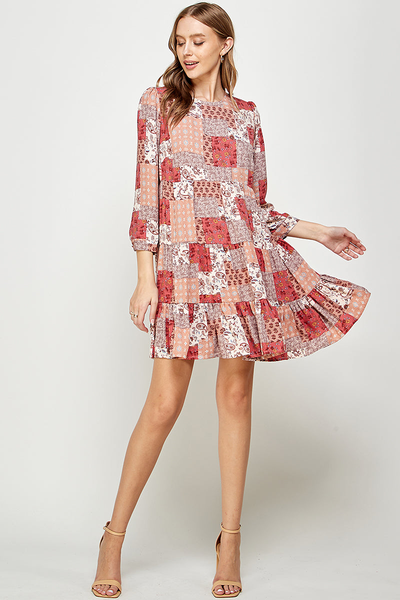 Patchwork Printed Babydoll Dress