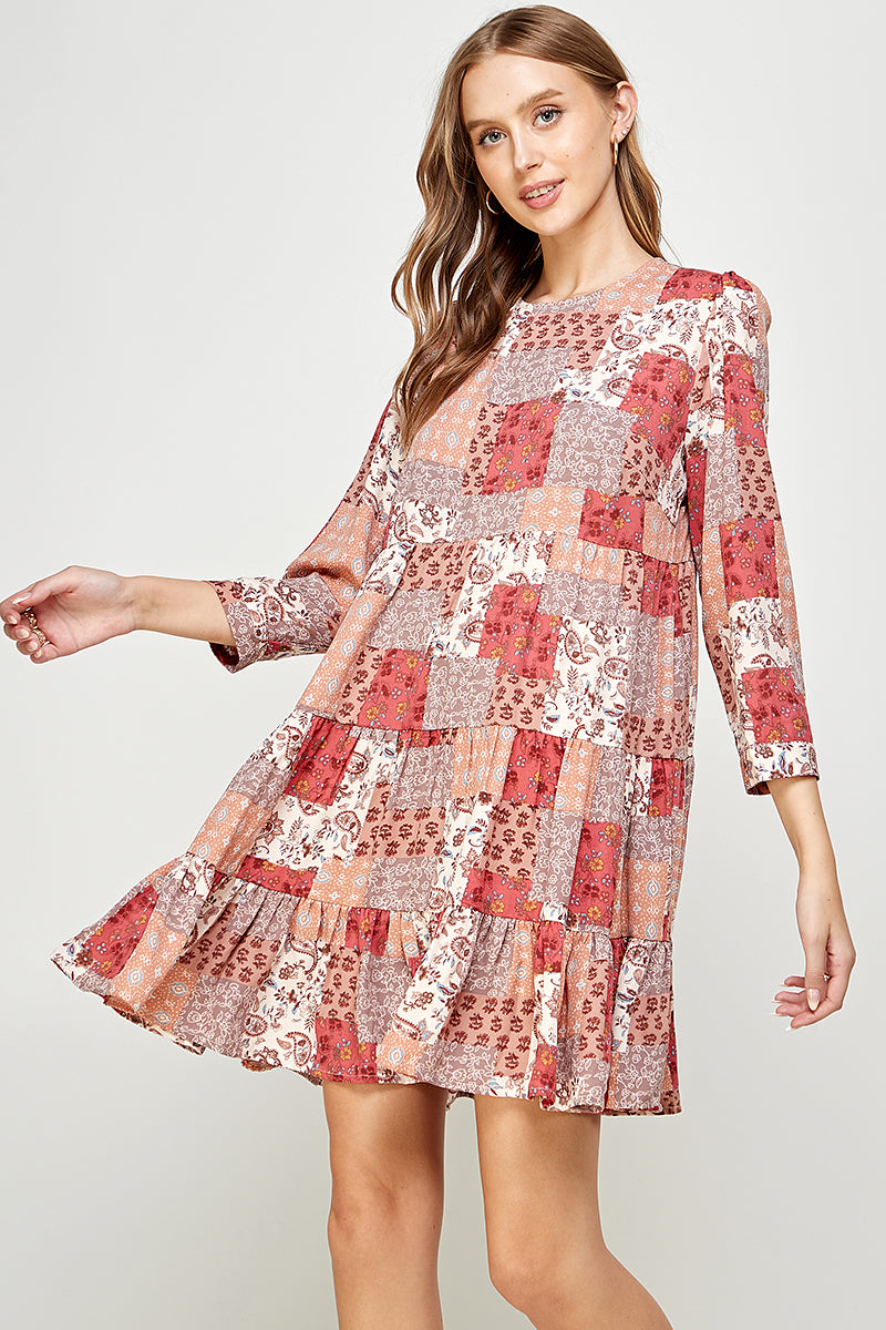 Patchwork Printed Babydoll Dress