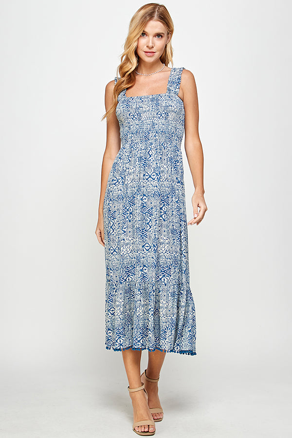 Indigo printed midi dress w/ pompom