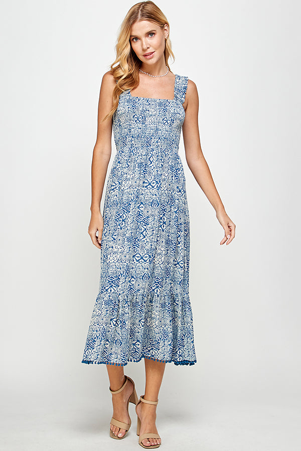 Indigo printed midi dress w/ pompom