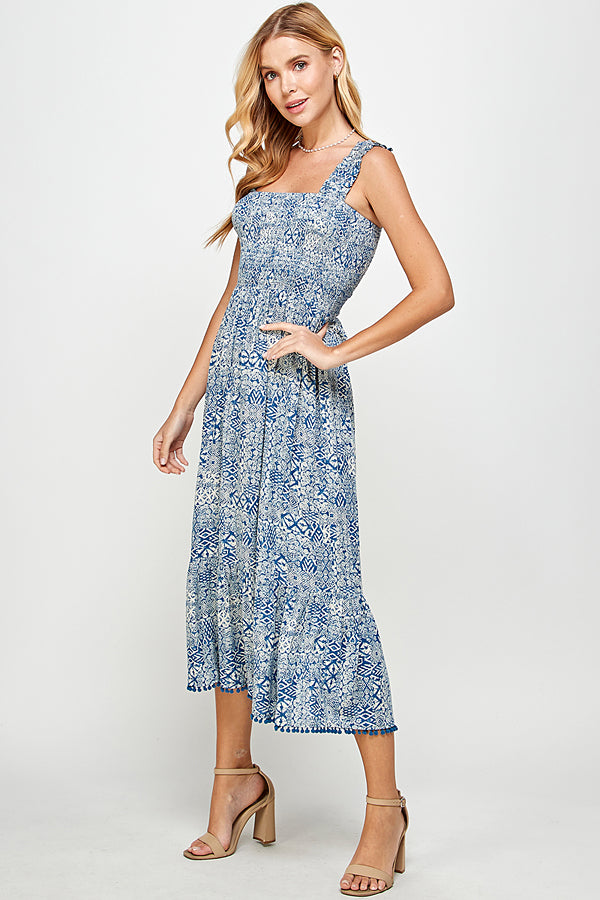 Indigo printed midi dress w/ pompom