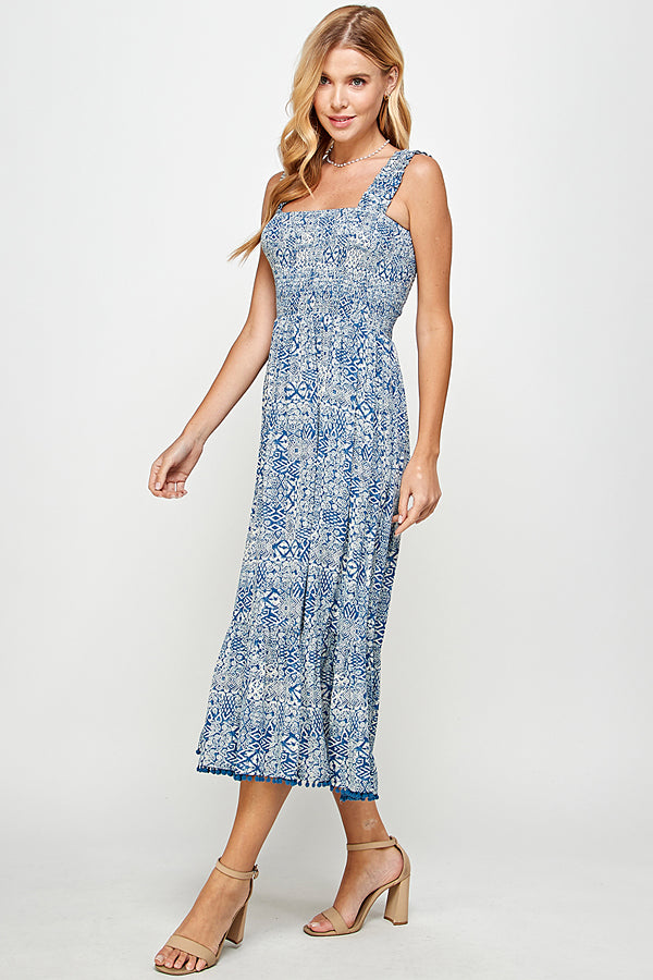 Indigo printed midi dress w/ pompom