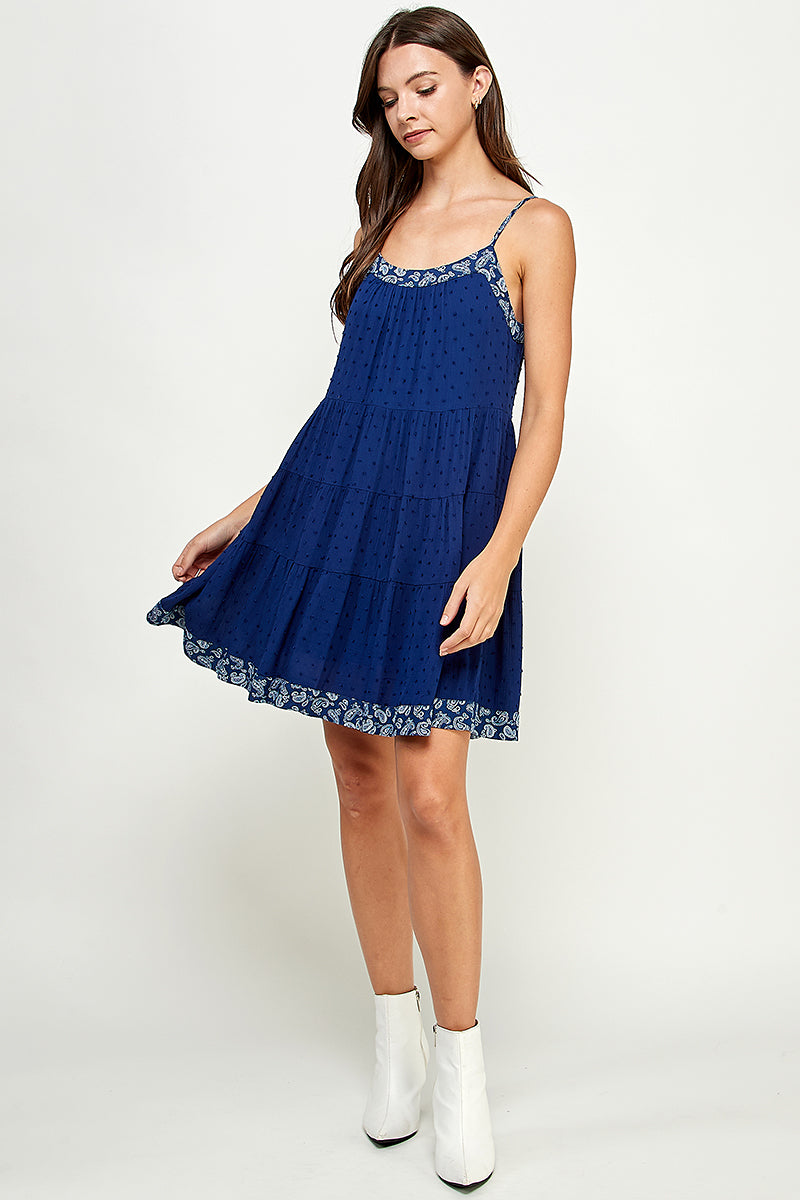 PAISLEY BORDERED TIERED MINI DRESS